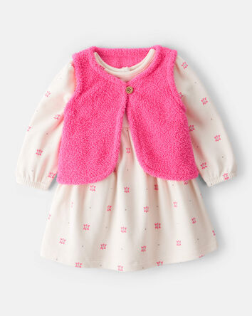 Baby Girl 2-Piece Floral Motif Sherpa Long-Sleeve Dress Set - White/Pink, 