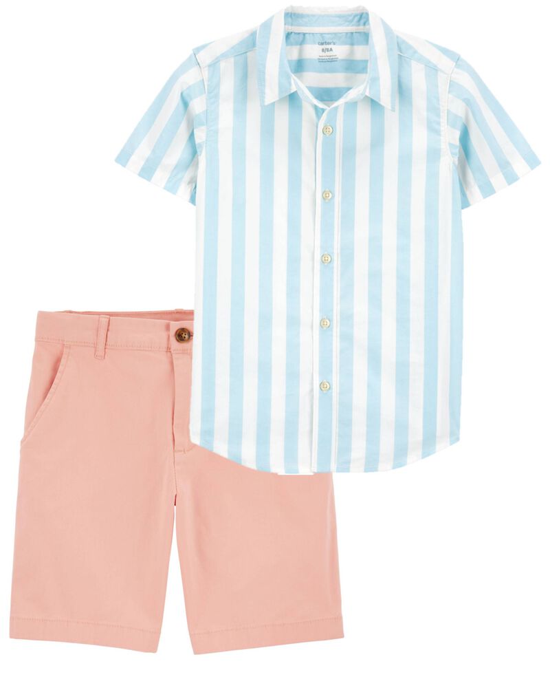 Kid 2-Piece Striped Button-Down Shirt & Pastel Stretch Chino Shorts Set, image 1 of 1 slides