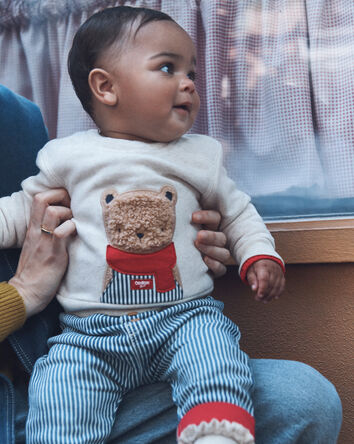 Baby Hickory Stripe Knit-Like Denim Jeans with Bear Pocket - Blue/Ivory, 