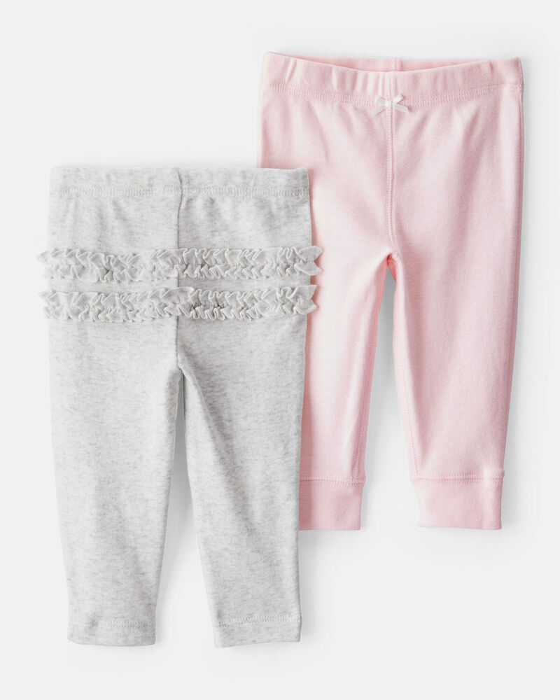 Baby 2-Pack Ruffle-Detail Cotton Pants - Grey/Pink, image 1 of 6 slides