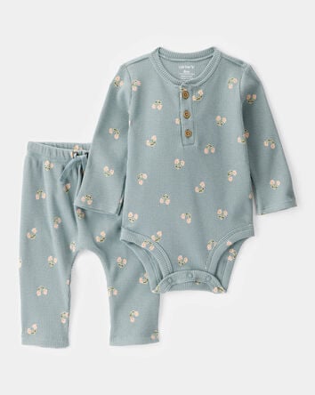 Baby 2-Piece Floral Waffle Knit Long-Sleeve Bodysuit Pant Set - Green, 