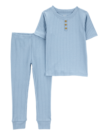 Toddler Solid Ribbed Cotton Blend 2-Piece Pajamas - Blue, 