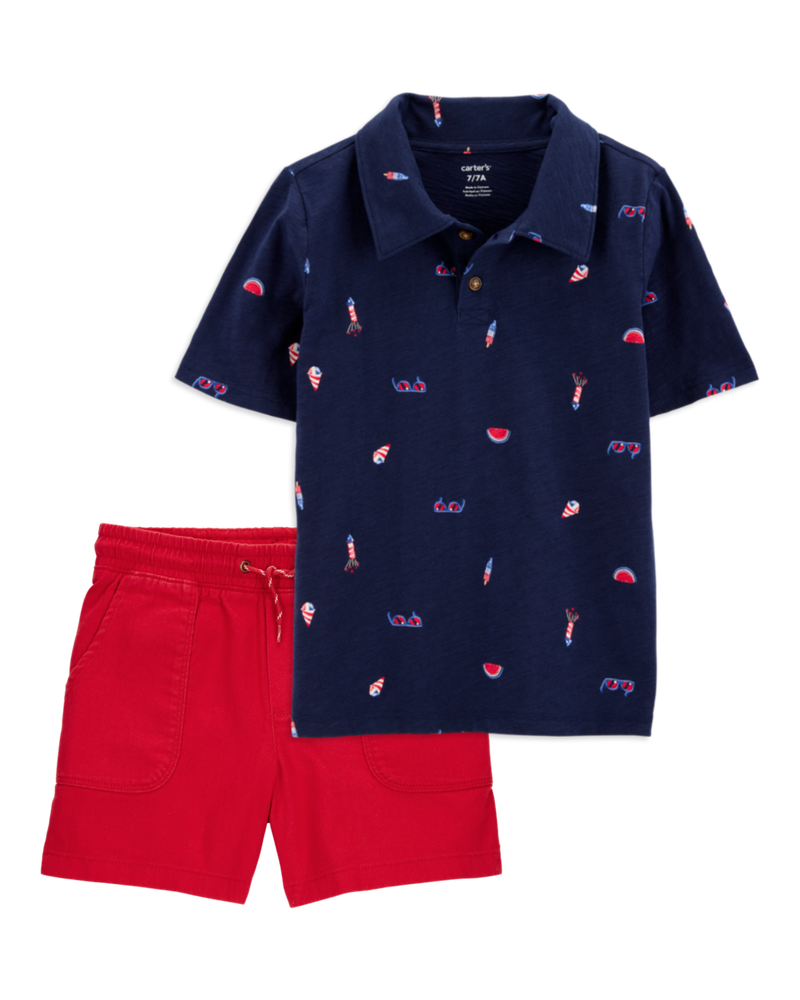 Kid 2-Piece 4th Of July Polo & Pull-On Shorts Set - Navy/Red, image 1 of 6 slides