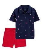 Kid 2-Piece 4th Of July Polo & Pull-On Shorts Set - Navy/Red, image 1 of 6 slides