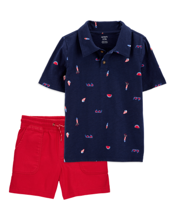 Kid 2-Piece 4th Of July Polo & Pull-On Shorts Set - Navy/Red, 