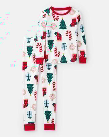 Kid Christmas Print 100% Cotton Long-Sleeve 2-Piece Pajamas - White, 
