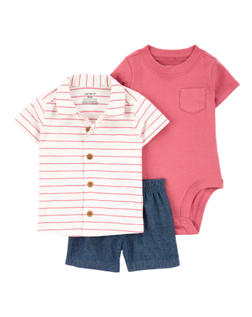 Baby Boy 3-Piece Striped Outfit Set - Red, 