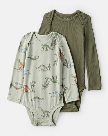 Baby Boy 2-Pack Dinosaur Print PurelySoft Long-Sleeve Multipack Bodysuits - Green, 