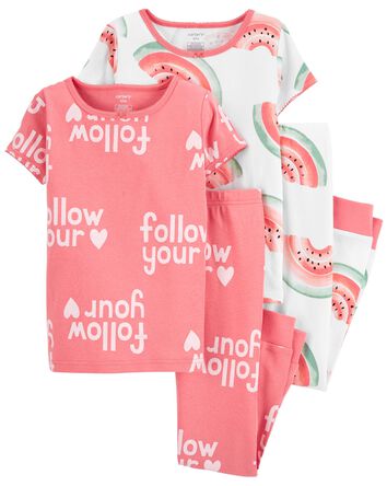 Kid 4-Piece Slogans and Watermelon 100% Snug Fit Cotton Pajamas, 