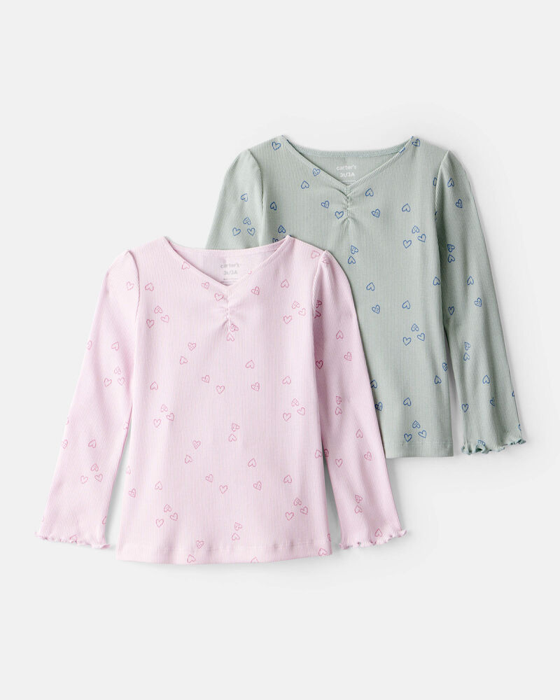 Toddler Girl 2-Pack Heart Print Cotton Long-Sleeve Top - Green/Pink, image 1 of 4 slides