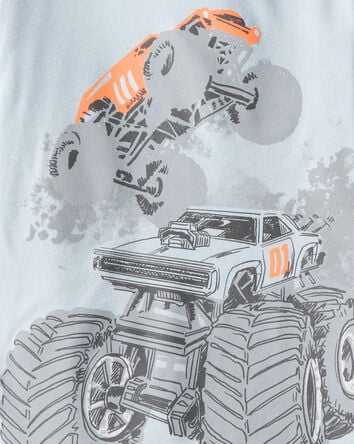 Boys Monster Truck Print 100% Cotton Long-Sleeve 4-Piece Pajamas - Blue, 