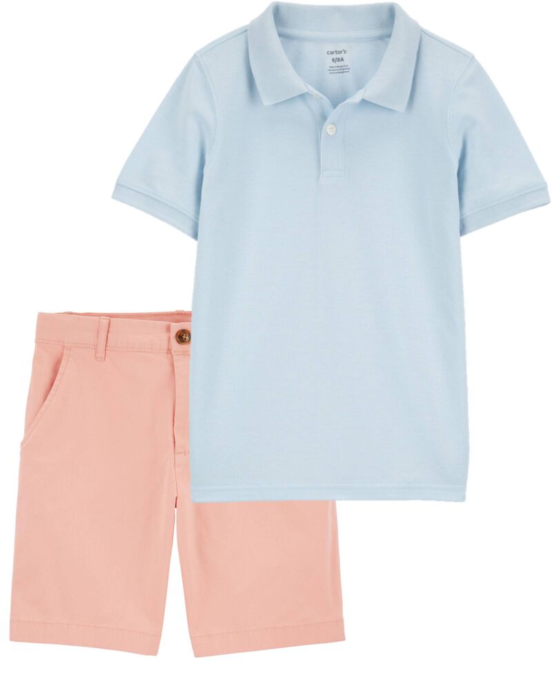 Kid 2-Piece Ribbed Collar Polo Shirt & Chino Shorts Set, image 1 of 1 slides