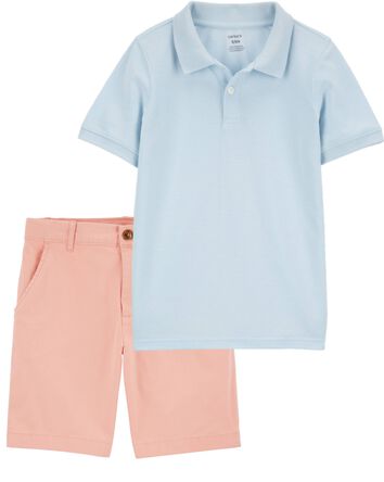 Kid 2-Piece Ribbed Collar Polo Shirt & Chino Shorts Set, 