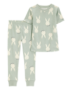 Toddler Bunny Print Easter Snug Fit Cotton 2-Piece Pajamas - Green, image 1 of 3 slides