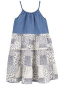 Blue - Kid Cotton Denim Patched Floral Dress