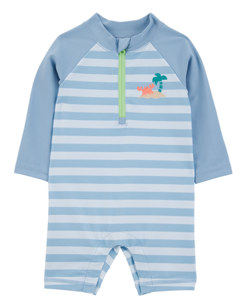 Baby Boy 1-Piece Striped Long-Sleeve Rashguard Swimsuit - Blue, 