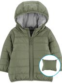 Olive/Grey - Toddler Packable Puffer Jacket