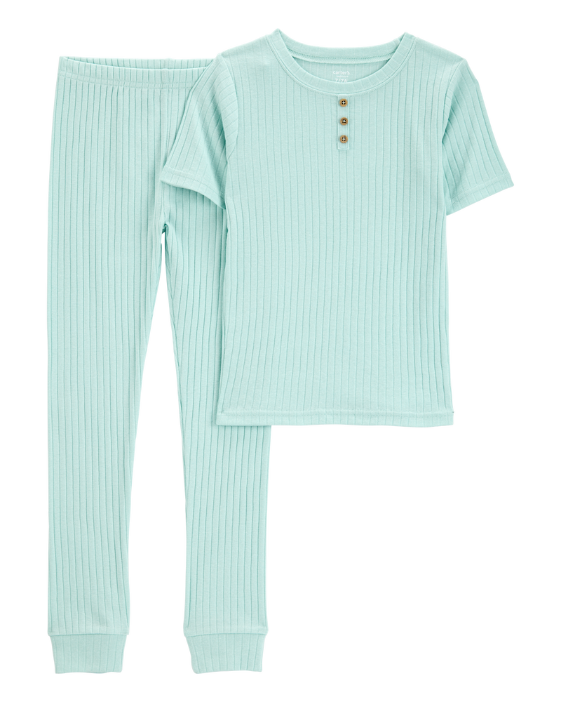 Kid Solid Ribbed Cotton Blend 2-Piece Pajamas - Teal, image 1 of 3 slides