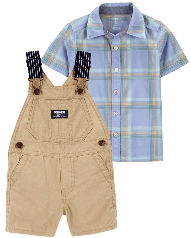 Toddler 2-Piece Button-Front Shirt & Stripe Strap Shortalls Set, image 1 of 1 slides
