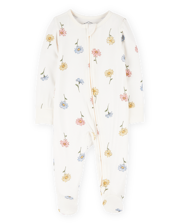 Baby Girl Floral Print 2-Way Zip PurelySoft Sleep & Play Pajamas - Ivory, 
