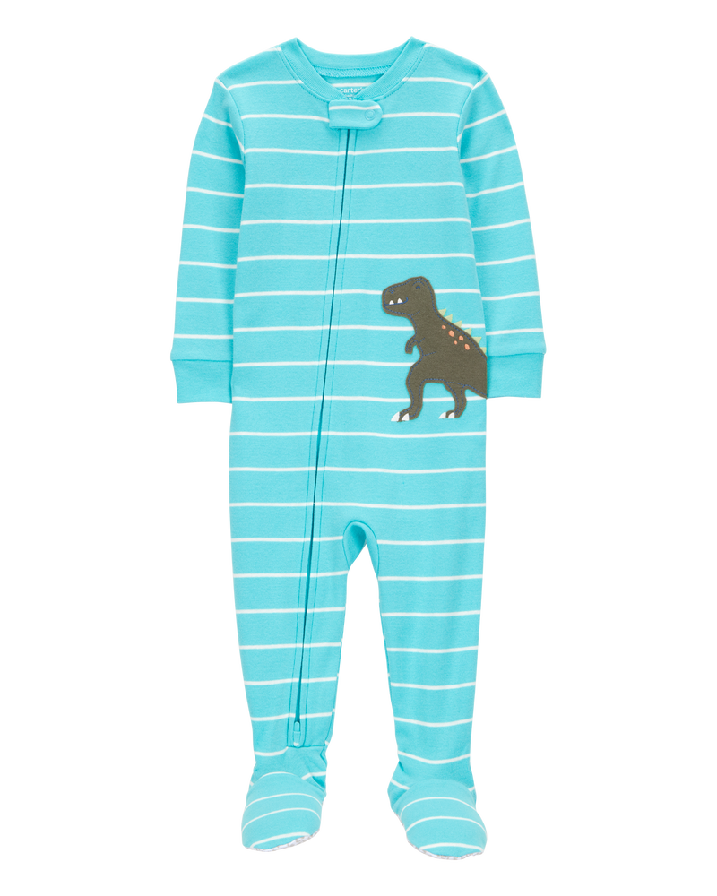 Baby Boy 1-Piece Striped Dinosaur Print 100% Snug Fit Cotton Footie Pajamas - Turquoise, image 1 of 3 slides