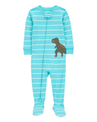 Baby Boy 1-Piece Striped Dinosaur Print 100% Snug Fit Cotton Footie Pajamas - Turquoise, image 1 of 3 slides