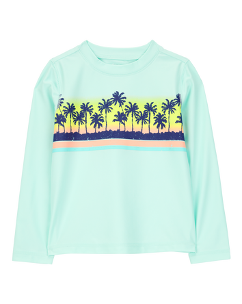 Toddler Boy Palm Tree Long-Sleeve Rashguard Swim - Mint Blue, 