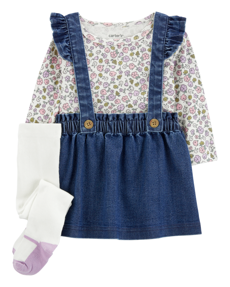 Baby 3-Piece Floral Long-Sleeve Tee & Jumper Set, image 1 of 6 slides