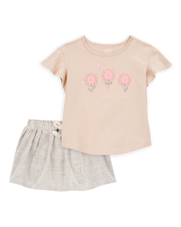 Baby 2-Piece Floral Short-Sleeve Top & Striped Skort Set - Tan/Black, 
