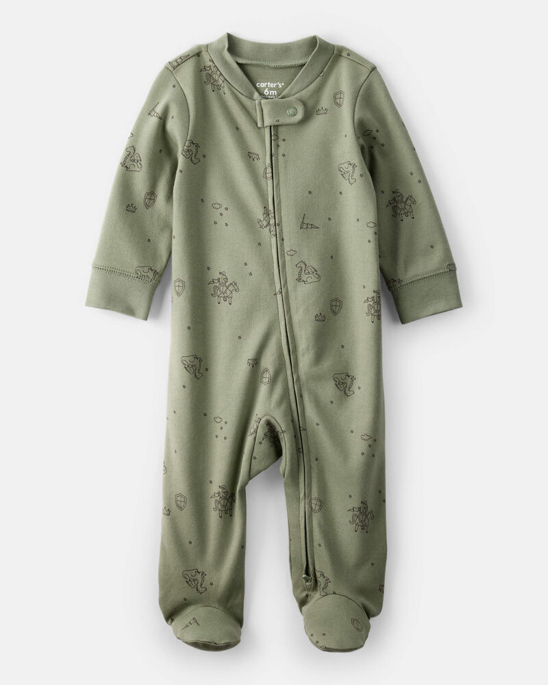 Baby Boy Dragon Print 100% Cotton Long-Sleeve Sleep & Play - Green, image 1 of 4 slides