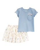 Baby 2-Piece Bunny Floral Skort Outfit Set - Blue/Ivory, image 1 of 4 slides