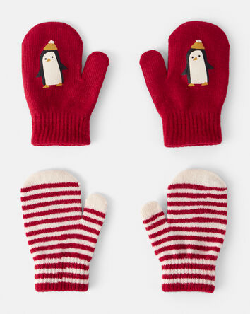 Toddler Boy 2-Pack Penguin Striped Winter Mittens - Red, 