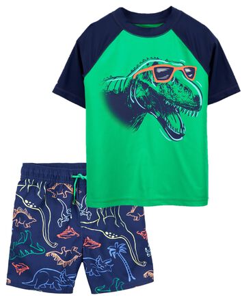 Kid Dinosaur Rashguard & Swim Trunks Set, 