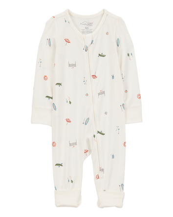 Baby Camp Print 2-Way Zip PurelySoft Convertible Foot Sleep & Play Pajamas - Ivory, 