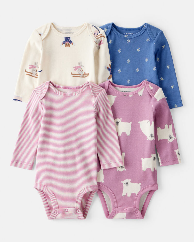 Baby Girl 4-Pack Polar Bear Print Cotton Long-Sleeve Multipack Bodysuits - White/Purple/Blue, image 1 of 6 slides