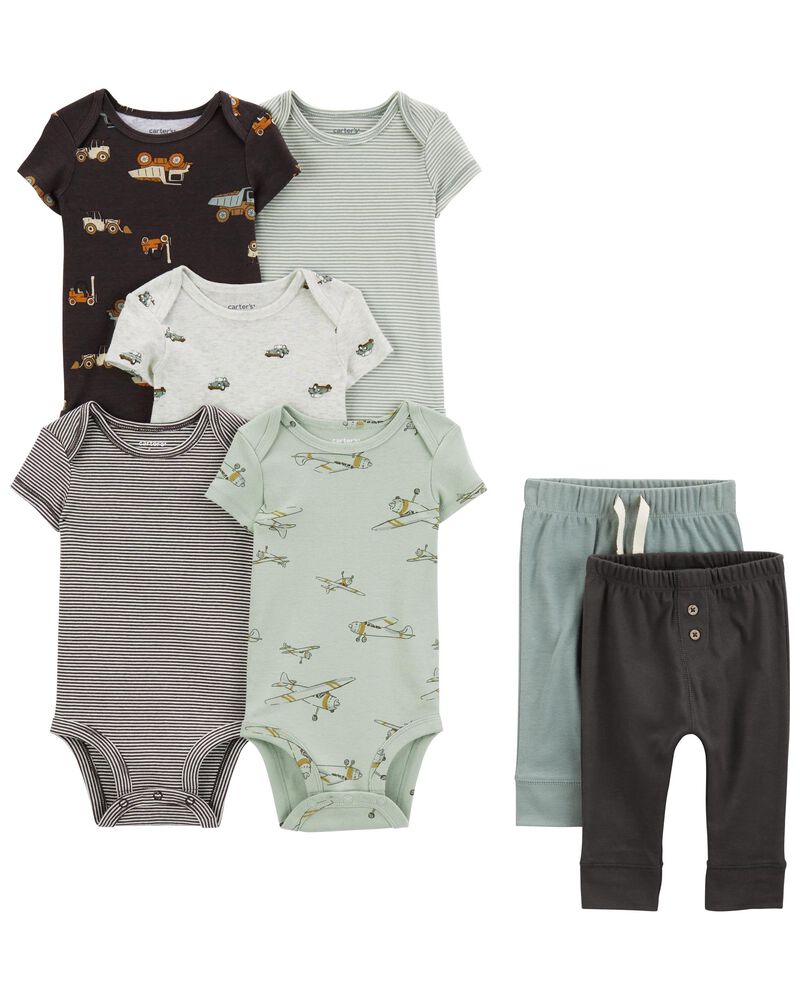 Baby 7-Piece Short-Sleeve Bodysuits & Pull-On Pants Set, image 1 of 8 slides