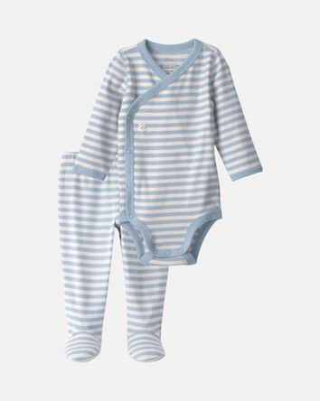 Baby Boy 2-Piece Organic Cotton Wrap Bodysuit & Pant Set in Stripes, 