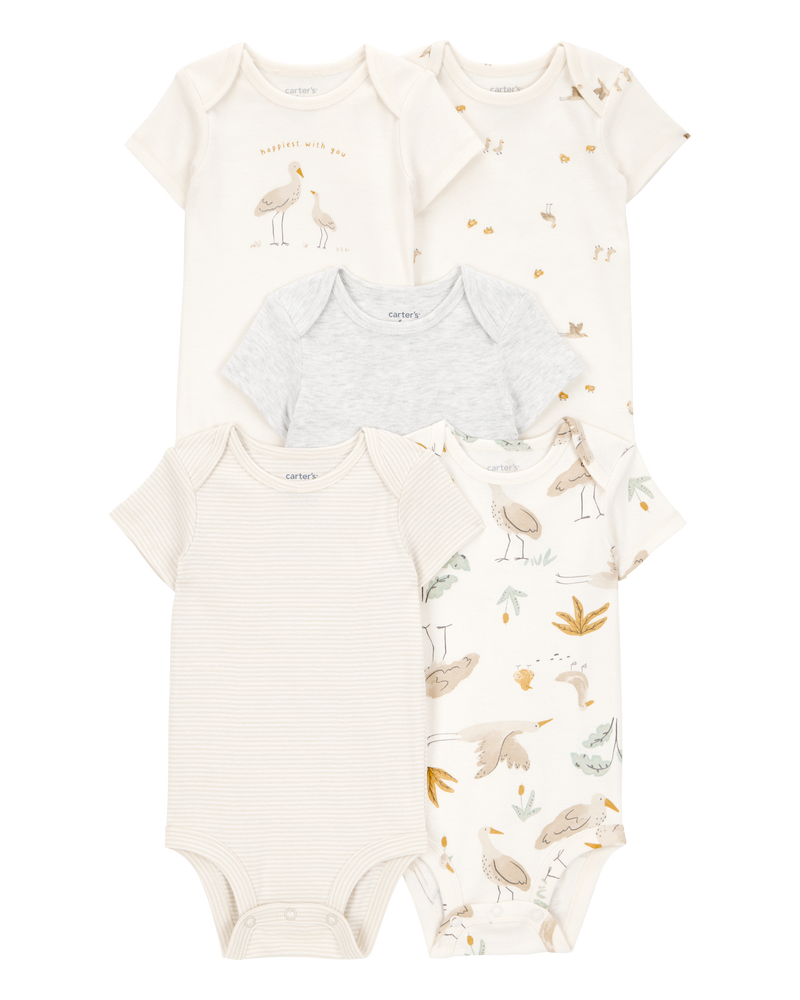Baby 5-Pack Striped Birds Short-Sleeve Cotton Bodysuits - Ivory, image 1 of 7 slides