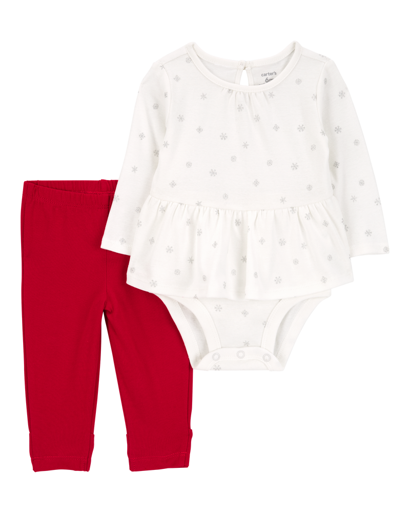 Baby Girl 2-Piece Snowflake Peplum Bodysuit Pant Set, image 1 of 4 slides
