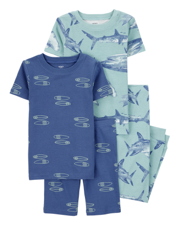 Kid 4-Piece Shark Surfboard 100% Snug Fit Cotton Pajamas - Blue, 