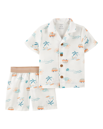 Toddler Boy Tropical Print Loose Fit 2-Piece Pajamas - White, 