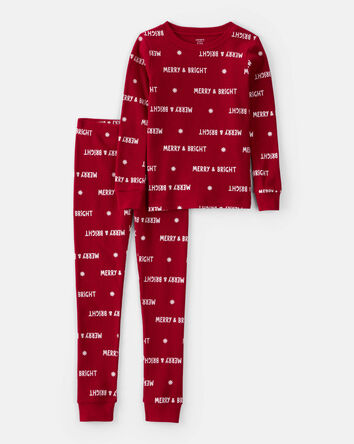 Kid Merry & Bright Christmas Cotton Long-Sleeve Snug Fit 2-Piece Pajamas - Red, 
