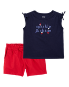 Toddler 2-Piece Sparkle & Shine 4th Of July Tee & Twill Bow Shorts Set - Navy/Red, image 1 of 9 slides