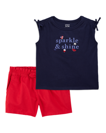 Toddler 2-Piece Sparkle & Shine 4th Of July Tee & Twill Bow Shorts Set - Navy/Red, 