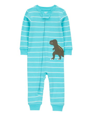 Baby Boy 1-Piece Striped Dinosaur 100% Snug Fit Cotton Footless Pajamas - Turquoise, 