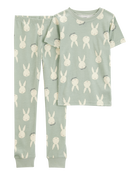 Kid Bunny Print Easter Snug Fit Cotton 2-Piece Pajamas - Green, image 1 of 3 slides