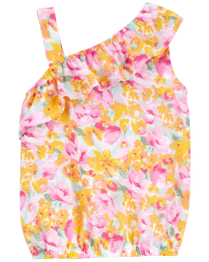Toddler Floral Print Asymmetrical Ruffle Tank, image 1 of 3 slides