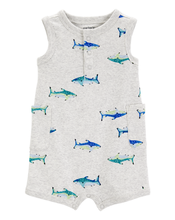 Baby Boy Fish Cotton Blend Romper - Grey, 