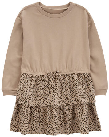 Kid Leopard Ruffle Long-Sleeve Dress, 