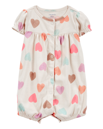 Baby Girl Heart Print Ribbed Short-Sleeve Romper - Tan, 